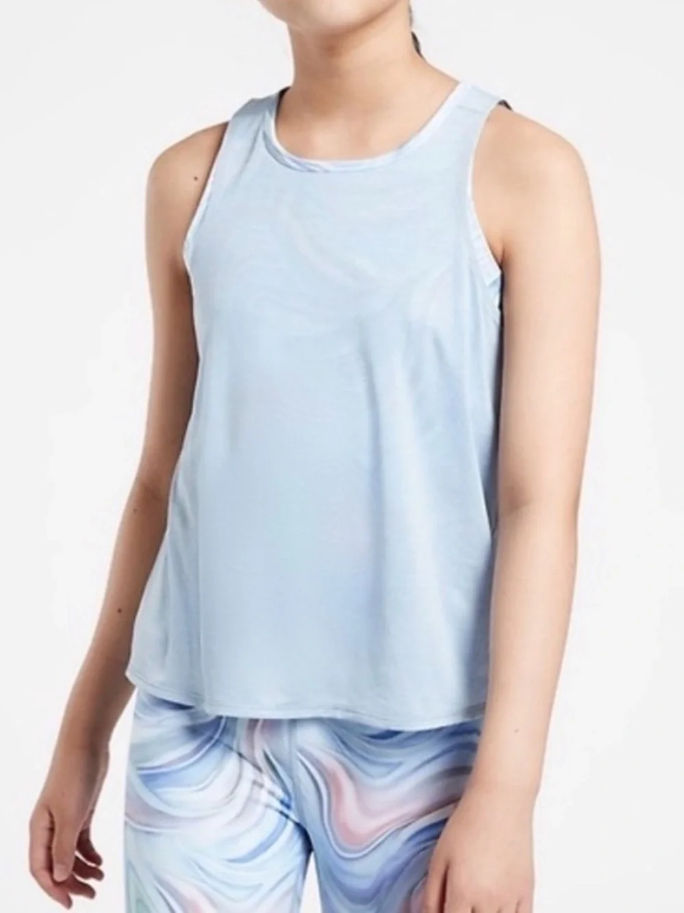 ATHLETA GIRL TANDOM TANK IN DAYDREAM BLUE & MATCHING MARBLE LEGGINGS SIZE SMALL
